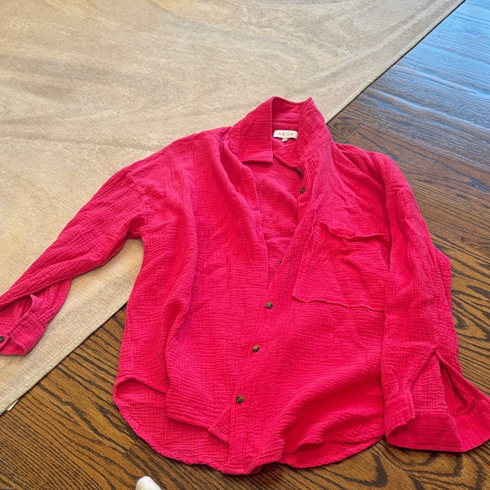 Vibrant Pink Button-Up Shirt gauzy long sleeve